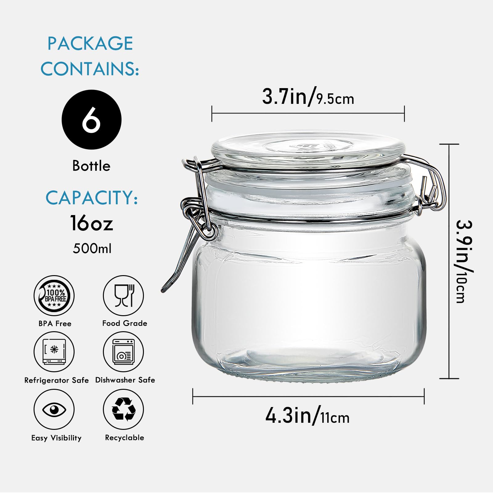 Yeboda 16Oz Food Storage Canister Glass Jars With Clamp Airtight Lids And Silicone Gaskets For Multi-Purpose Kitchen Containers